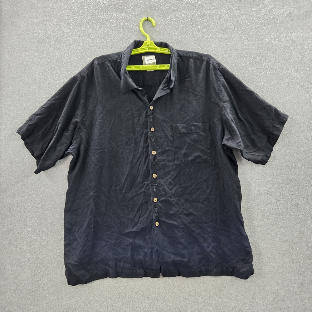 Luau Men Button Up Shirt 2XL Black Silk Cocktail Cigar Embroidered Short Sleeve‎